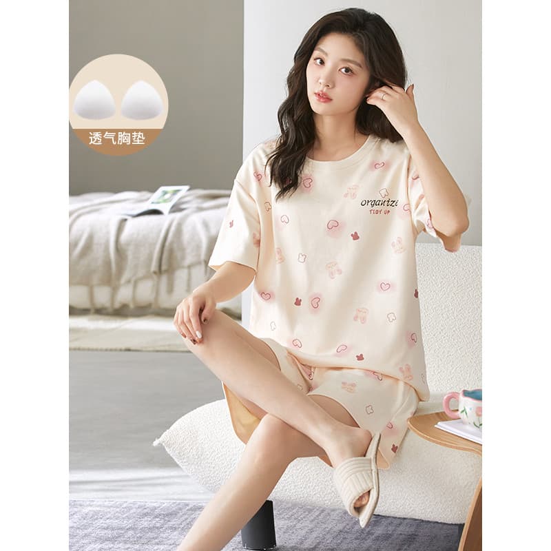 2026 novo estilo influenciador pijamas feminino verão puro algodão de manga curta com almofadas no peito algodão verão f