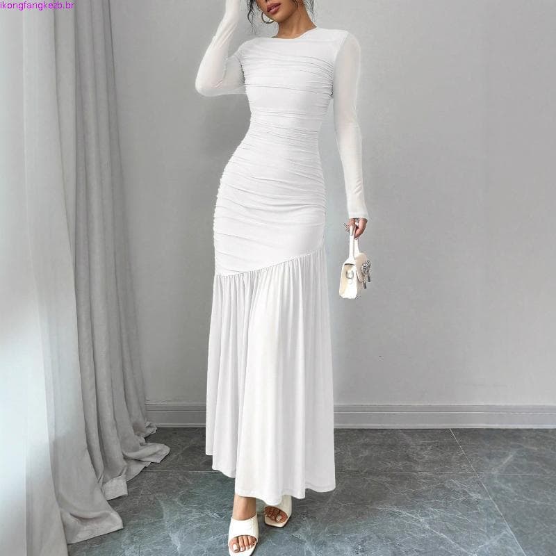 Vestido Maxi Sereia Feminino de Manga Longa, Bege, em Tricô, Franzido, Justo ao Corpo, Elegante, para Festas, ASXO