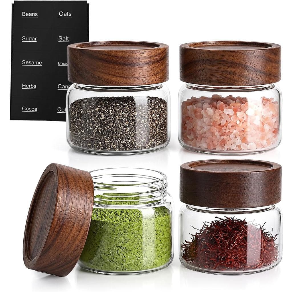 Conjunto de 4 Potes de Vidro de 4 oz com Tampas, Pequenos Potes Mason com Tampa de Madeira de Acácia Hermética, Potes de