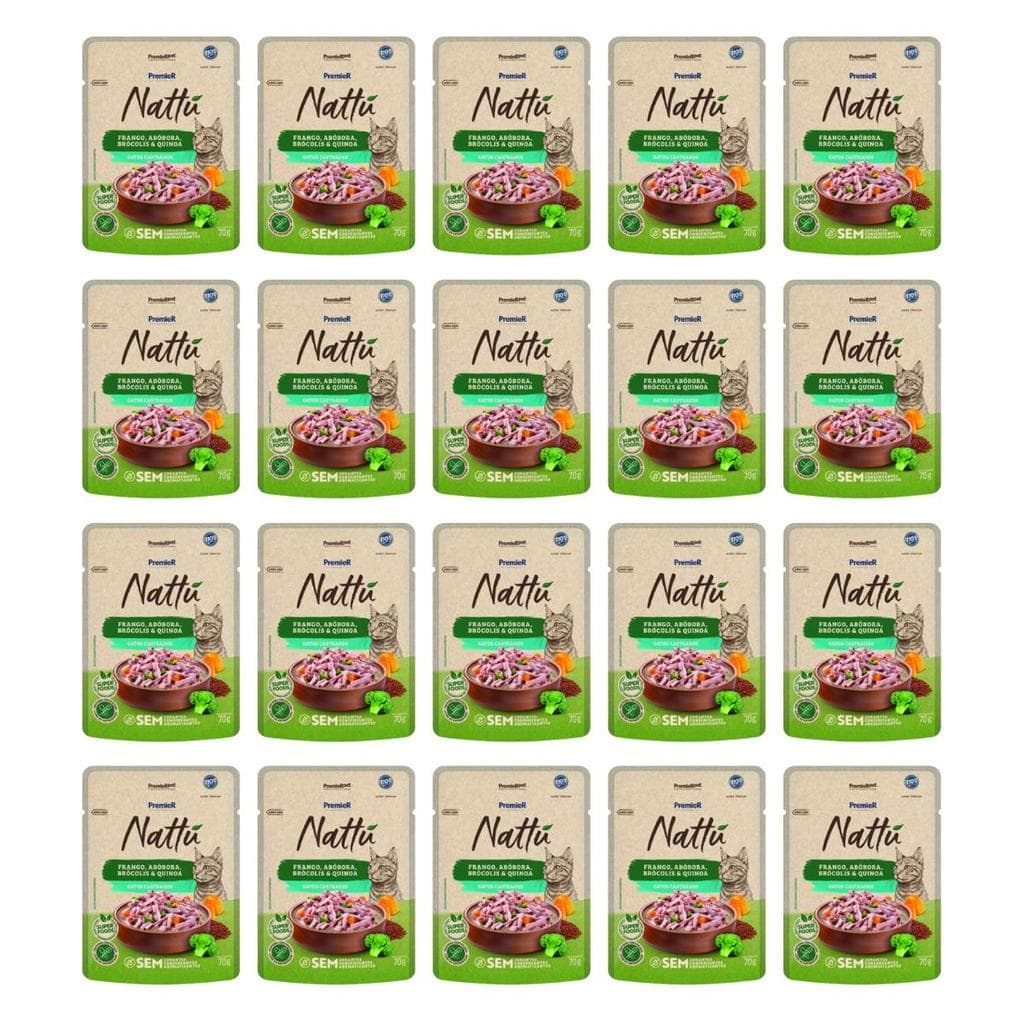 Kit 20 Sachês Premier Nattú Gatos Castrados Frango E Abóbora
