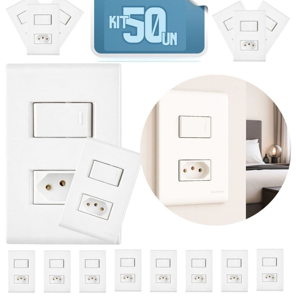 Kit com 50 Conjuntos 4x2 com 1 Interruptor Simples 10 A 250 V e 1 Tomada 2P+T 10 A 250 V Tramontina Liz Branco