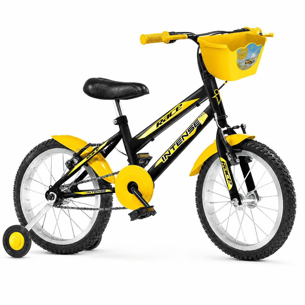 Bicicleta infantil Aro 16 V-brake Meninos com rodinha Colorida quadro Aço Carbono Intense Kids Cor Preto/Amarelo