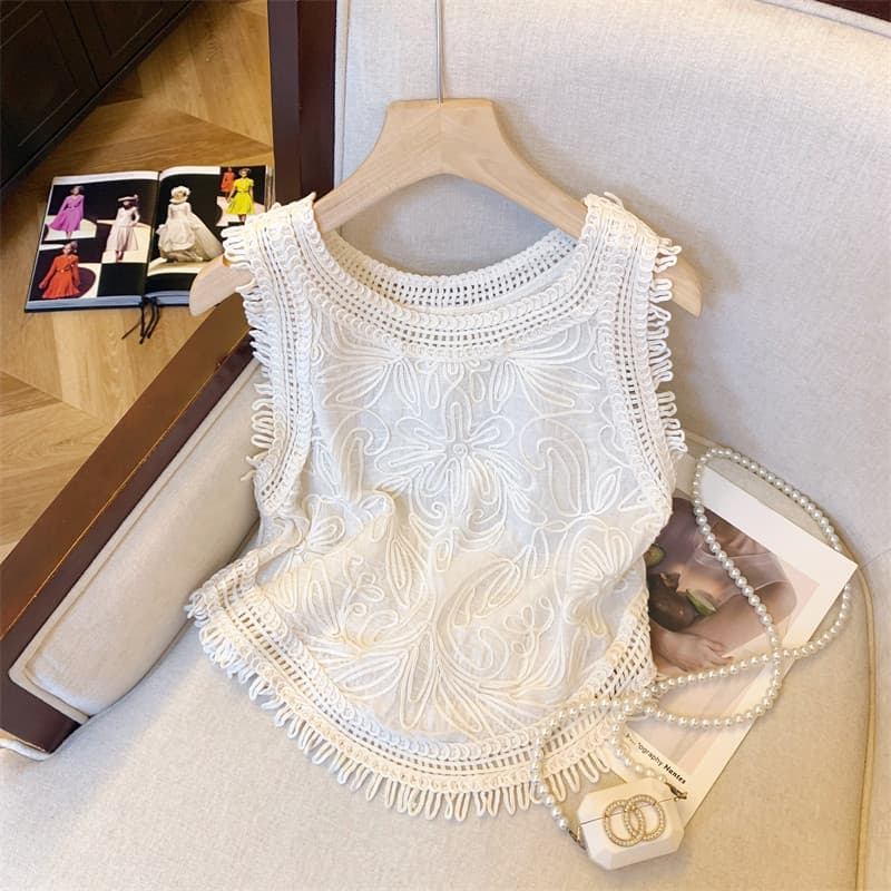 Versão coreana Design Jacquard borla camisola feminina verão novo estilo exterior Wear Irregular sem mangas único pequen