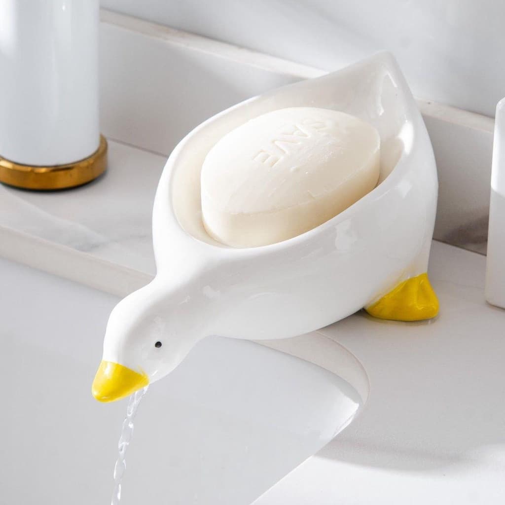 Saboneteira de plástico criativa em formato de pato com função de drenagem, bandeja para sabonete para pias de banheiro,