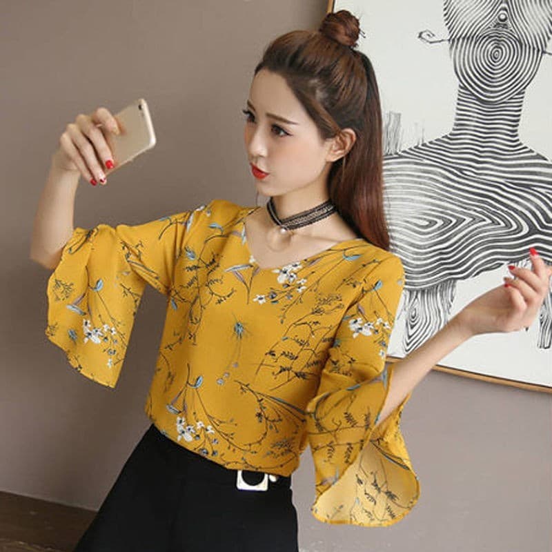 Primavera verão Floral Chiffon camisa feminina nova camisa de manga curta roupas superiores manga trompete Super fada ma
