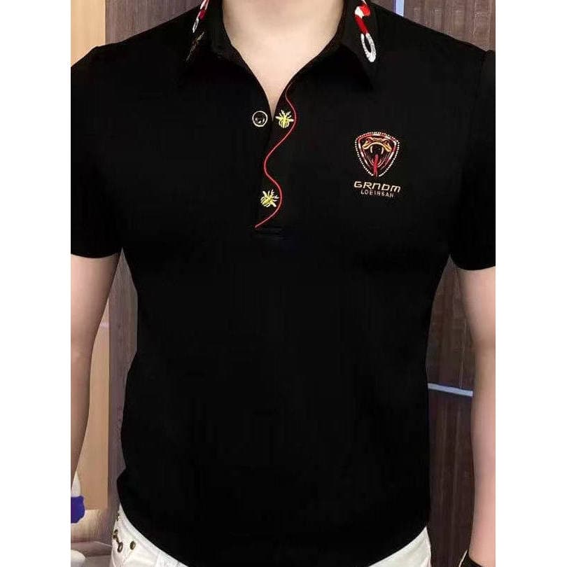 Verão europeu novo estilo masculino bordado lapela manga curta camiseta All-Match Casual magro-ajuste meia manga camisa