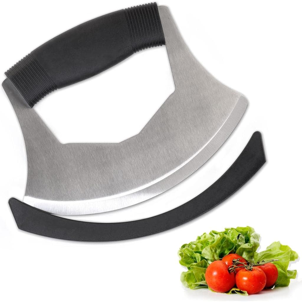 Cortador de Salada Mezzaluna com Capa Protetora e Cabo Antiderrapante - Cortador de Vegetais em Aço Inoxidável, Picador