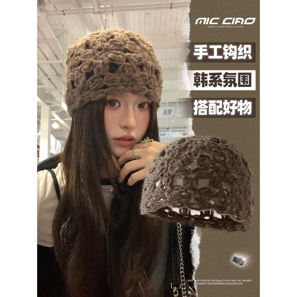 Chapéu de malha oco feito à mão feminino 2025 novo estilo rosto-olhando pequeno chapéu frio outono inverno estilo fino c