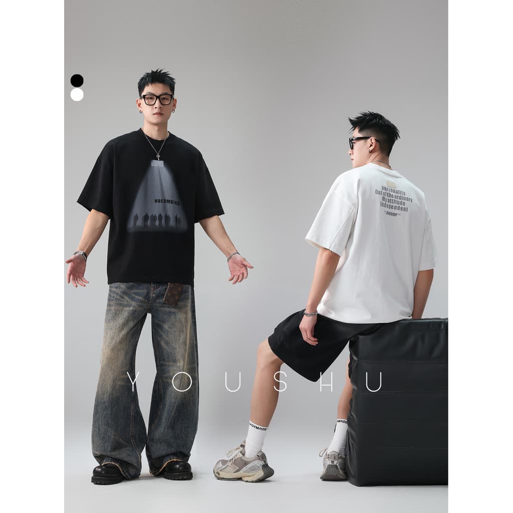 350G pesado impresso em torno do pescoço de manga curta camiseta masculina verão americano Street Wear High-End rufião b