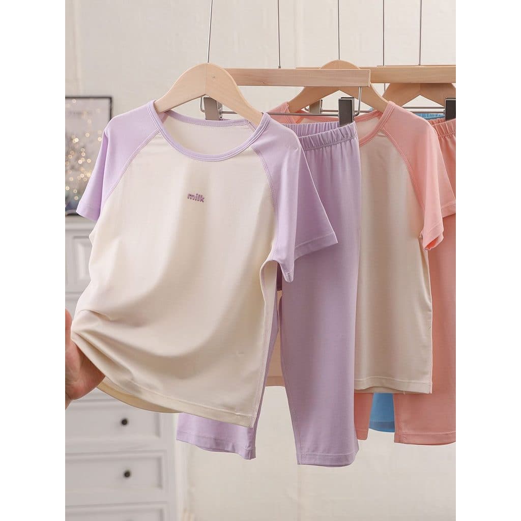 Verão Tencel Lyocell pijamas infantis conjunto legal mangas Raglan meninos meninas fino camiseta Shorts Homewear