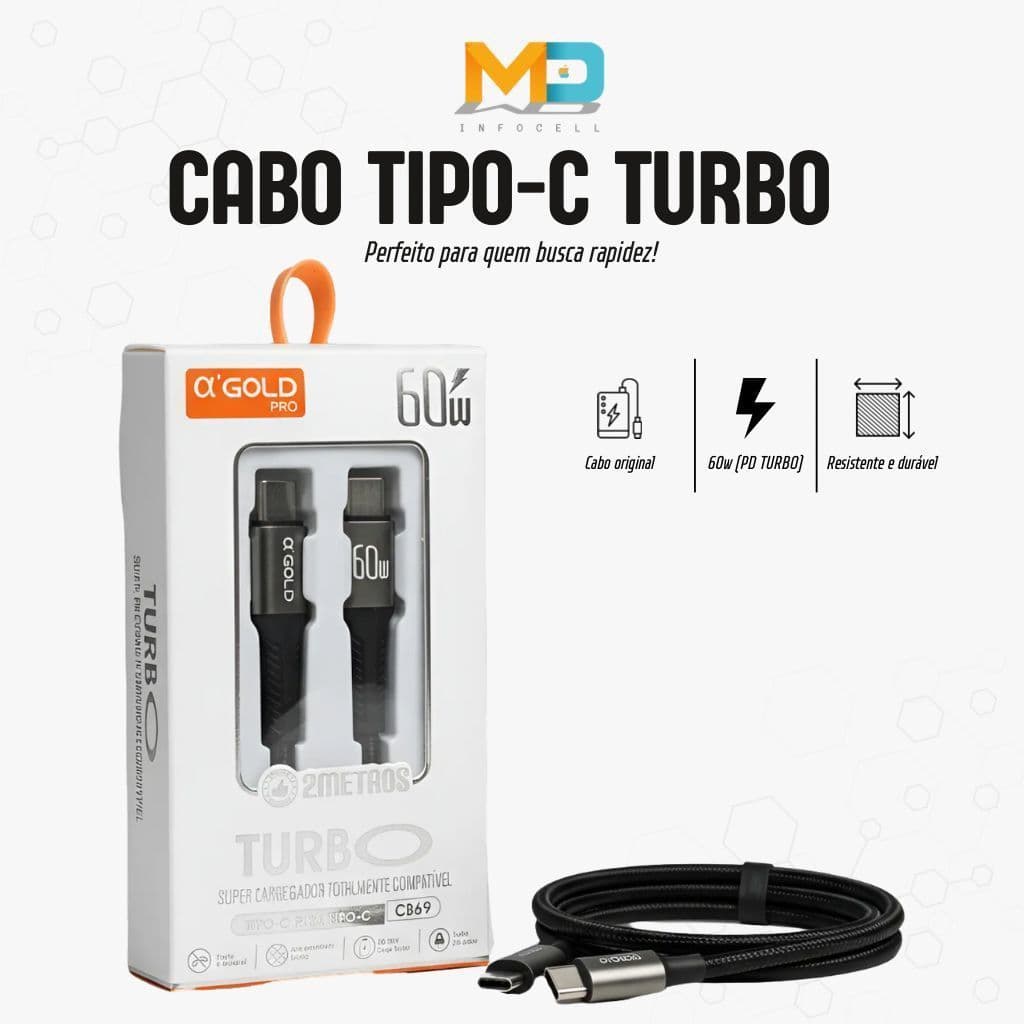 Cabo Carregador Original turbo 60W USB-C + Tipo-C 1M A'GOLD
