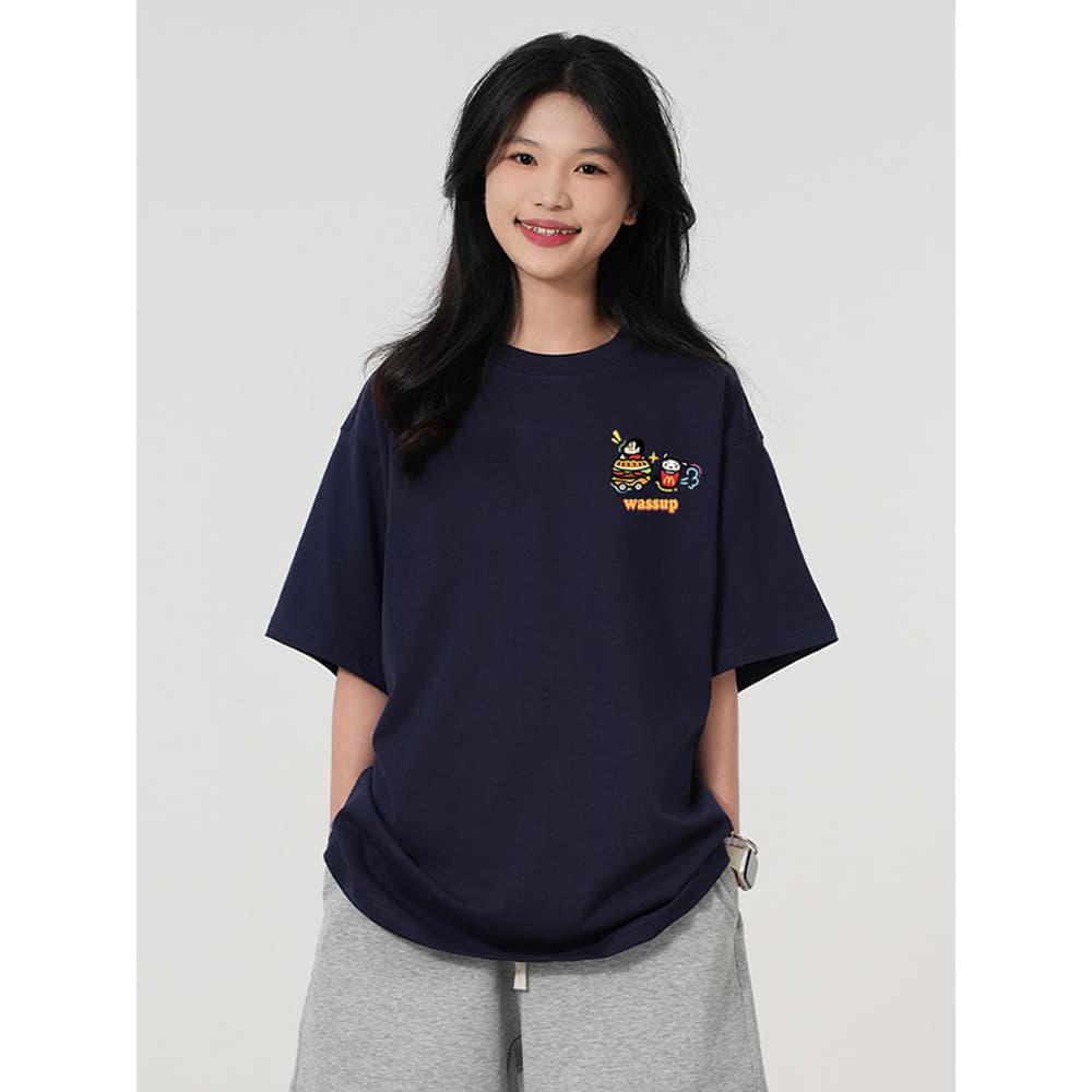 WASSUP Xiaoxin Burger Car Cartoon Camiseta de manga curta feminina verão solta Casual All-Match casal usa Top de meia ma
