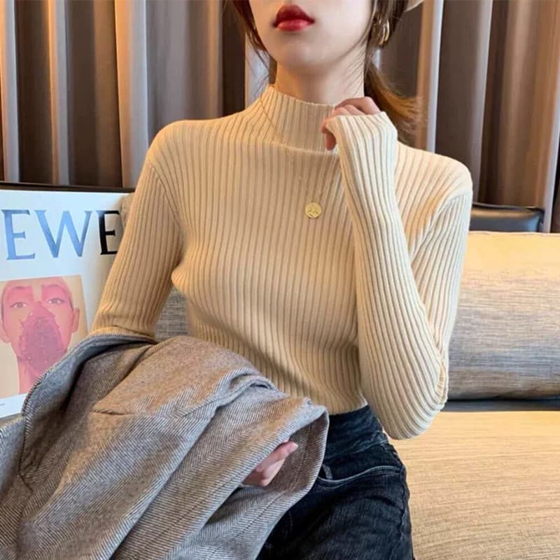 Outono inverno meia gola alta de malha camiseta de fundo feminino topo primavera outono estilo ocidental fino ajuste int