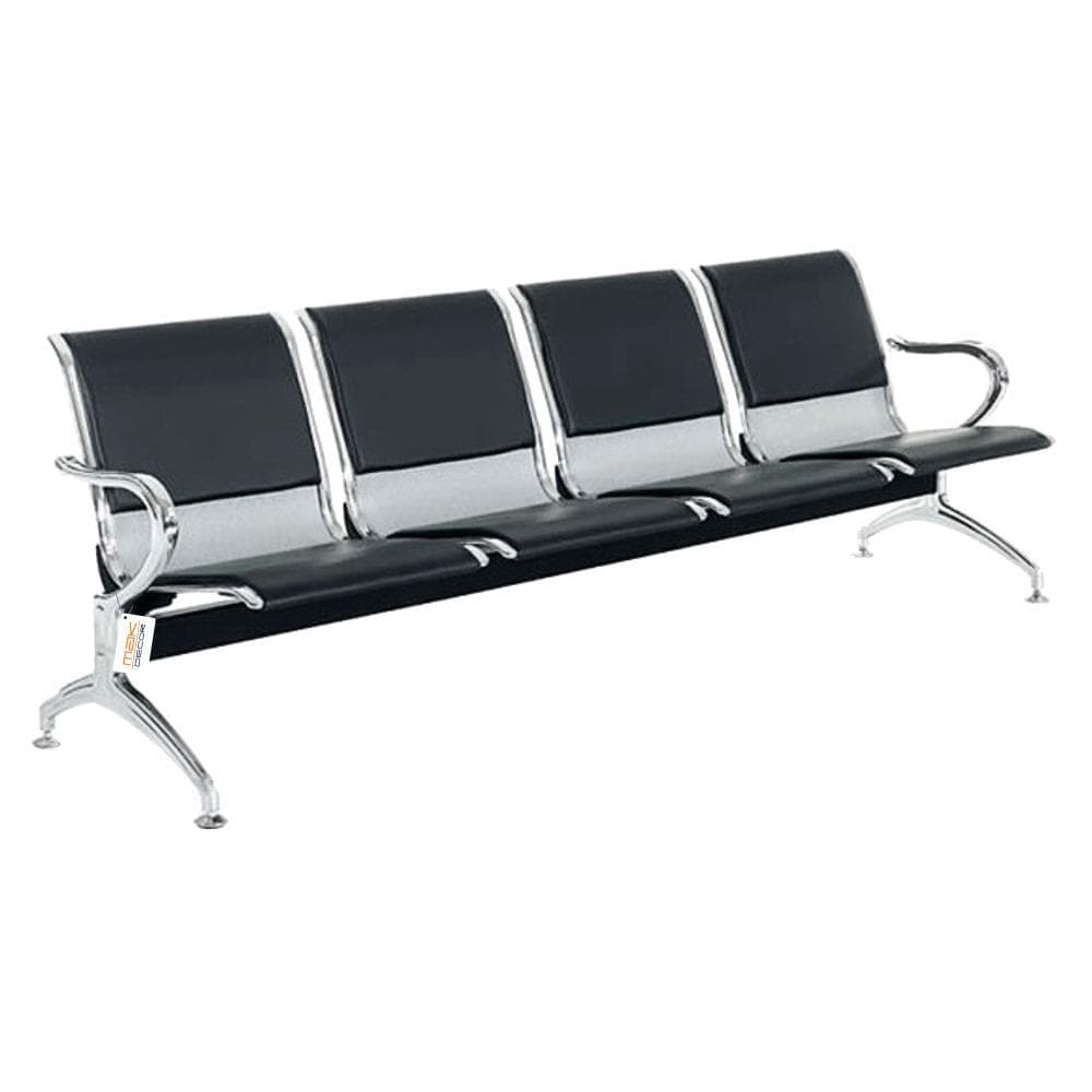 Cadeira Longarina Cromada 4 Lugares Com Estofado Preto