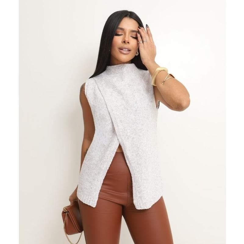 Colete fio mousse aberto Outono Inverno blusa feminina elegante Moda Feminina Regata Gola Alta Tricot Assimétrico