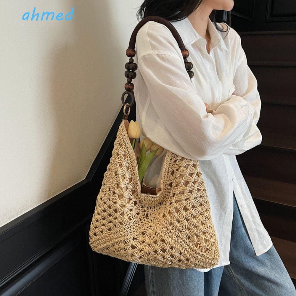Bolsa De Praia Boêmia AHMED , Sacola De Tecido De Palha Ombro Oca De Grande Capacidade