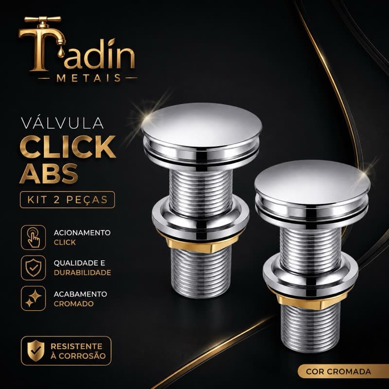 2 Válvulas Click ABS Cromada para Cuba e Tanque Acionamento Click  Anti Corrosão