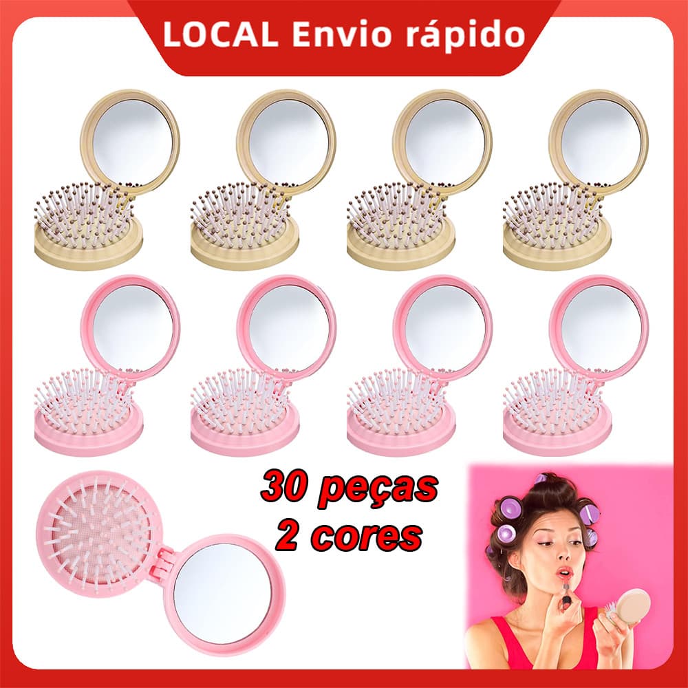 Kit 30 Mini Escova de Cabelo Dobrável Com Espelho 13,7x7cm – Portátil,Leve,Cerdas Macias,para Bolsa,Rosa/Marrom