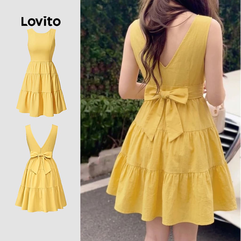 Lovito Babado Vestido Casual Arco Primavera/verão Vestido Amarelo para Mulheres LK3ED616