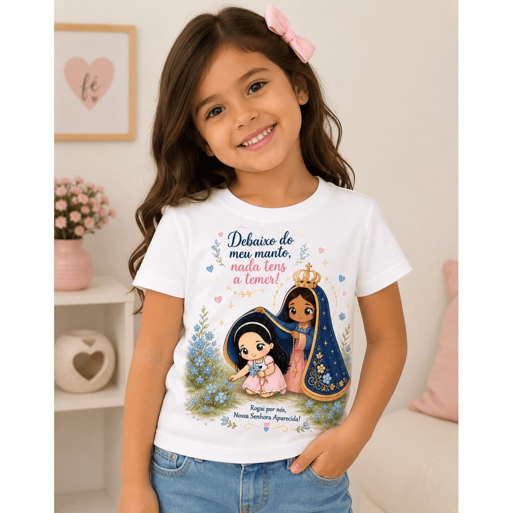 Camiseta Infantil Nossa Senhora Aparecida – Debaixo do Meu Manto | Católica Infantil | Manga Curta