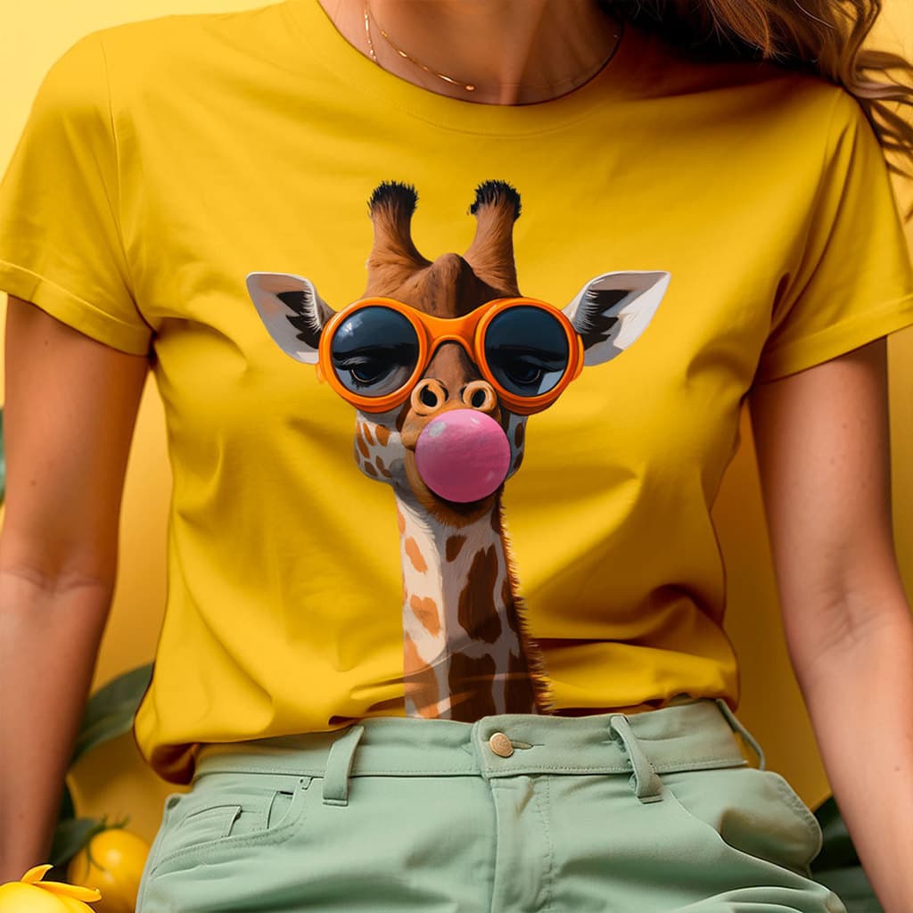 Camiseta Feminina Estampa Grande Girafa Chiclete Divertida Animal Safari 100% Algodão