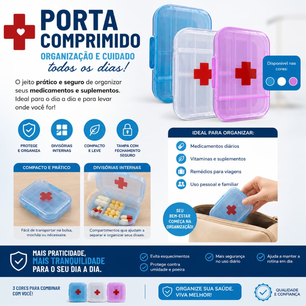 Porta Comprimidos de 8 Compartimentos - Organizador de Remédio e Suplementos