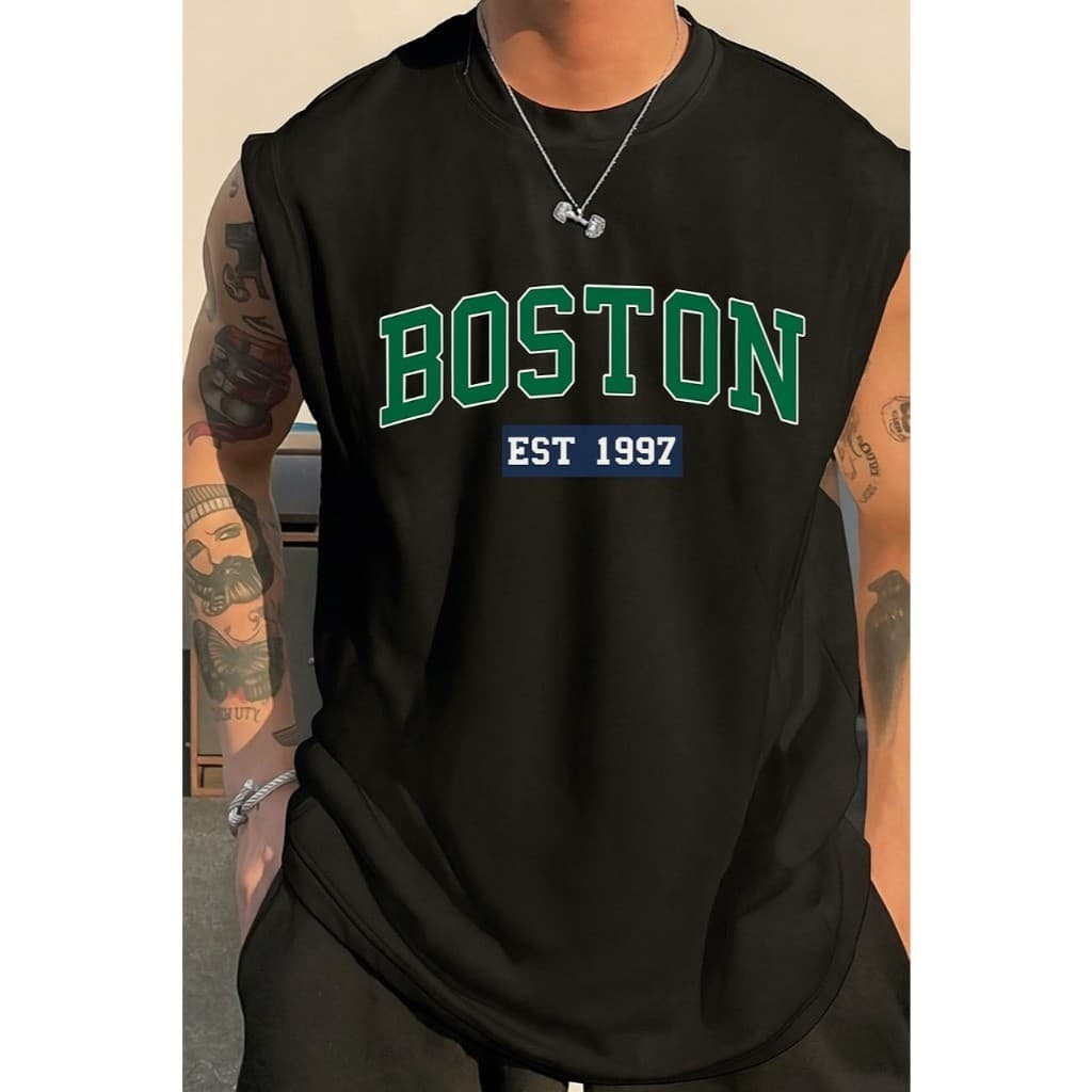 Regata Camisa Camiseta Cavada Machão Masculino Boston Sem manga Verão Academia Esporte Algodão