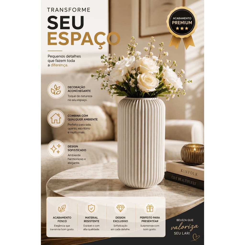 Vaso Canelado Moderno Decorativo Minimalista Sala Quarto Escritório Branco Preto Chique Enfeite Luxo