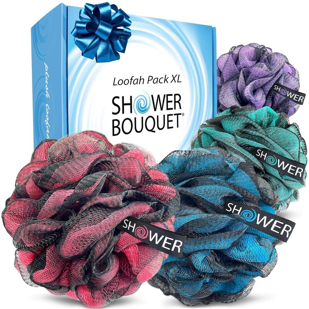 SHOWER BOUQUET Esponja de Banho de Bucha e Carvão XL - Conjunto de 4 Peças Coloridas // Conjunto de Esponjas de Bucha Pr
