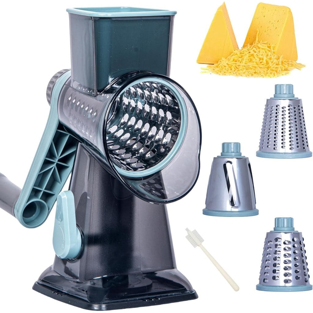 Ralador de Queijo Rotativo, Ralador de Queijo Manual com Base de Sucção Forte, Cortador de Legumes para Cozinha com 3 Lâ