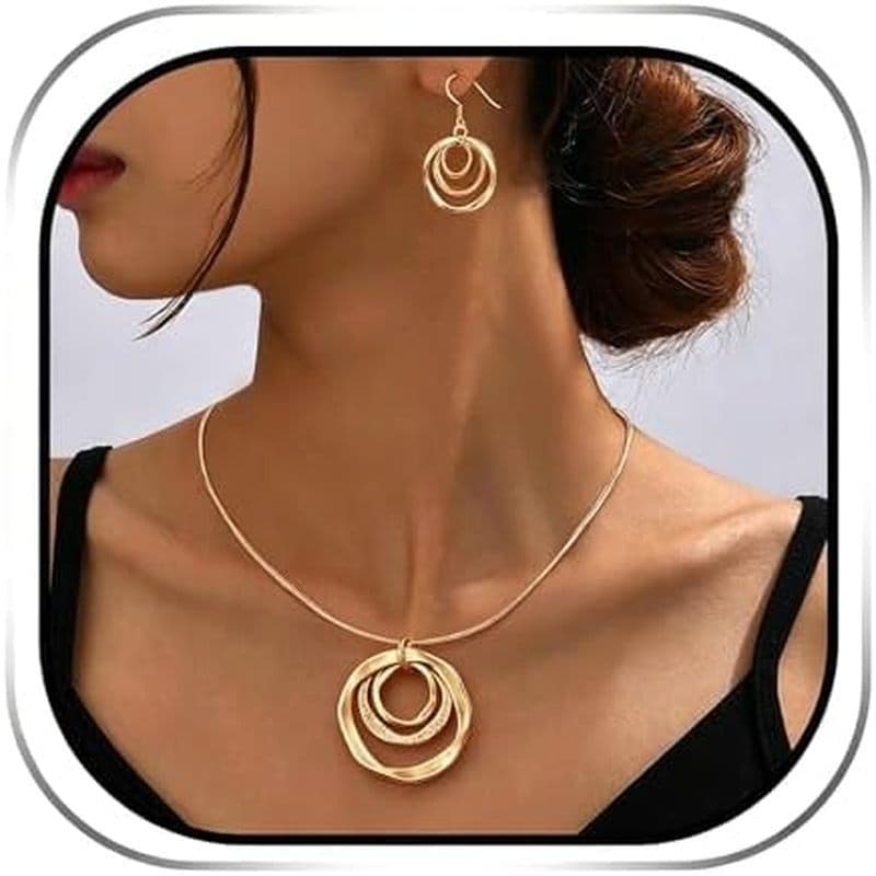 Conjunto De Brincos E Colar De Argola De Prata Com 3 Círculos Para Mulheres-Hipoalergênico Banhado A 925 , Todas As Aros