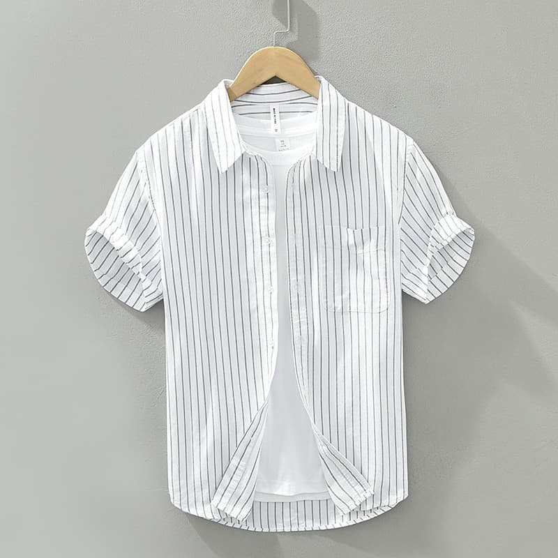 Japonês Retro Casual listrado solto camisa de manga curta masculina fino verão negócios topo gelo seda mais magro olhar