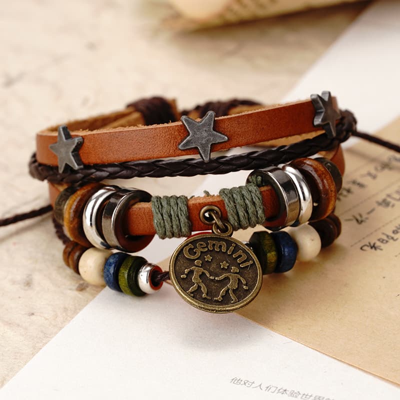 Doze constelações pulseira ágata vermelha Punk Retro masculino feminino rebites jóias versão coreana Multi-camada casal