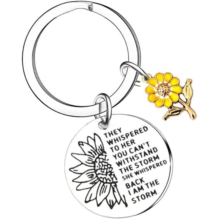 Sunflower Charm Round Pendant Inspirational Words Engraving Stainless Steel Keychain for Teen Girl Women Gifts