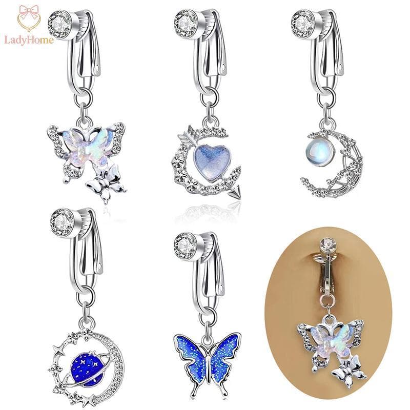 LADYH Falso Anel De Barriga Pendurado Umbigo Anéis Feminino Borboleta Coração Lua Balançar Clipe No Não Piercing Jóias