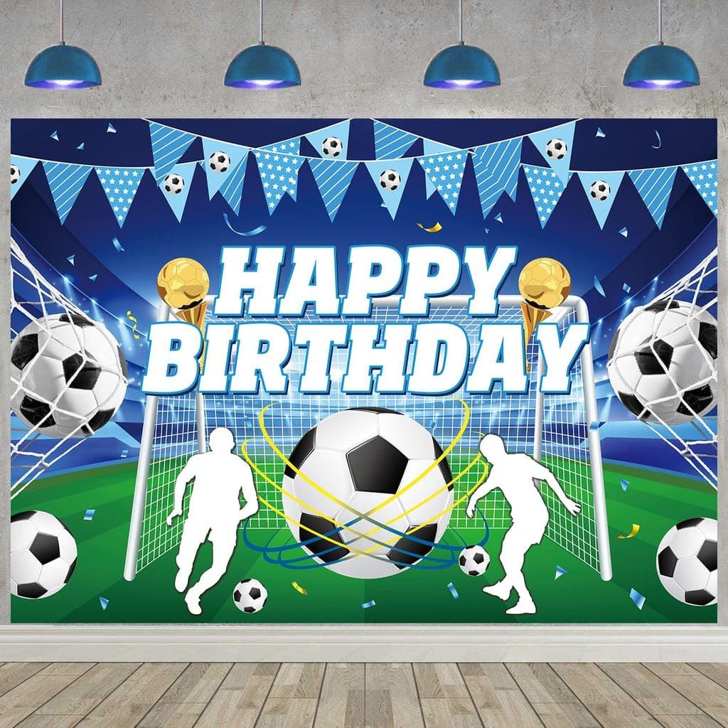 Fundo de Aniversário de Futebol Azul 7x5ft, Cenário Fotográfico com Tema Esportivo para Crianças, Meninos, Adolescentes
