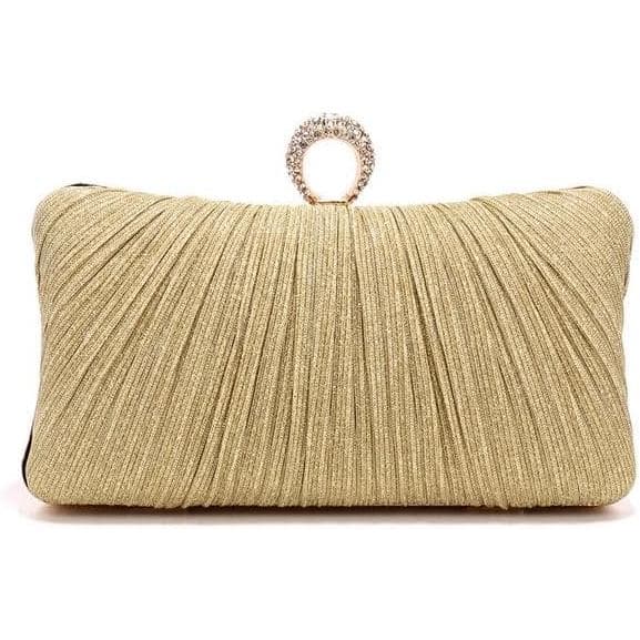 Bolsa de Mão Dourada com Brilho para Mulheres, Bolsa de Noite Plissada para Festa de Noiva com Anel de Strass
