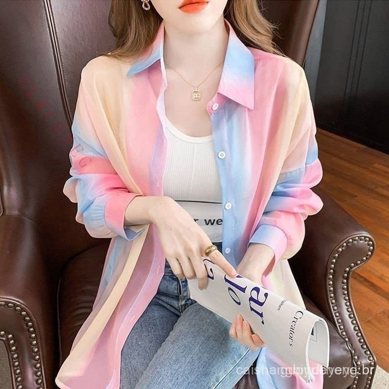 Protetor Solar Camisa De Verão Feminina Manga Comprida Arco-Íris Cor Cardigan