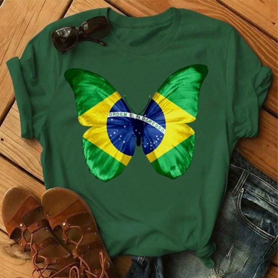 Camiseta Feminina Brasil T-Shirt Borboleta Bandeira Blusa Copa
