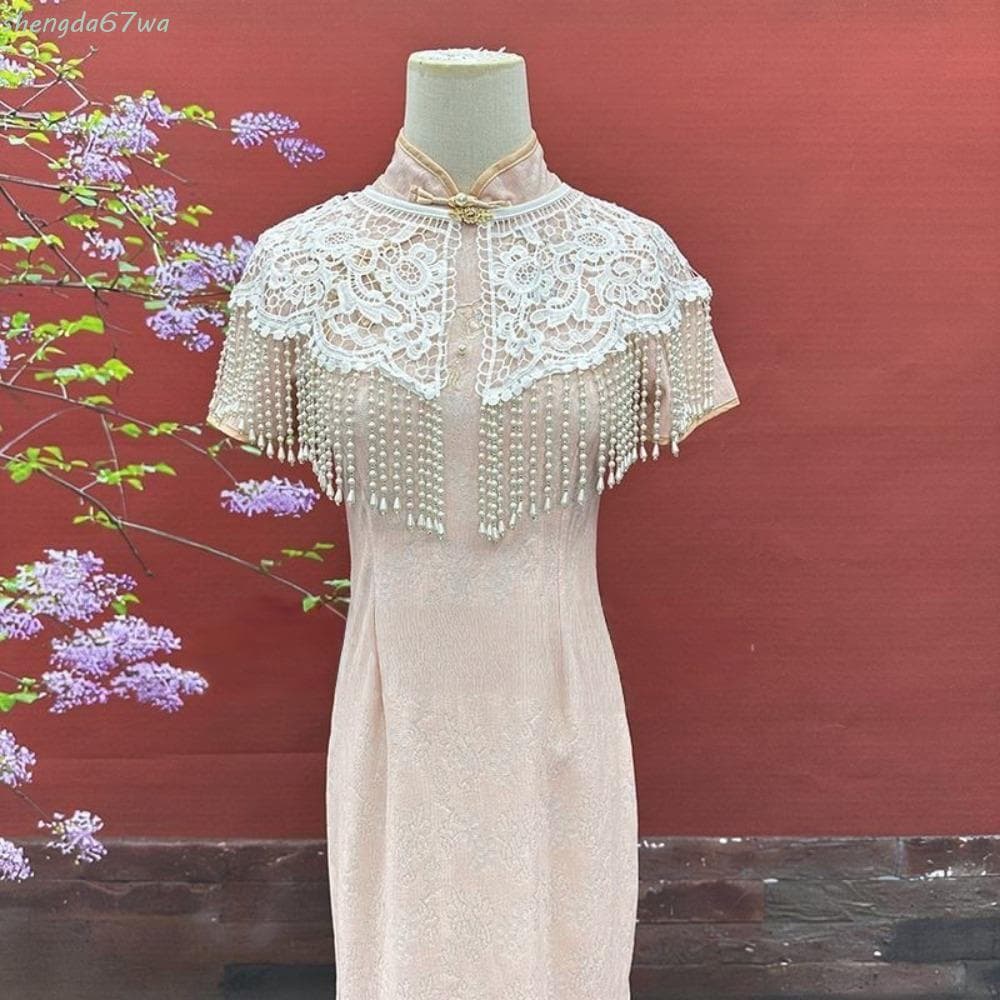 SHENGDA Xale De Borla De Pérola , Acabamento De Renda Com Cheongsam Vintage Feito À Mão