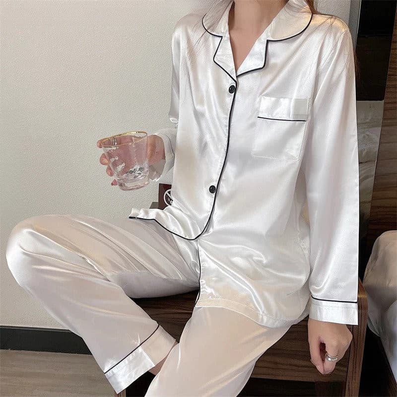 Pijama feminino Americano Cetim de Seda com Elastano Bolso e Botão Calça e Camisa Manga Longa