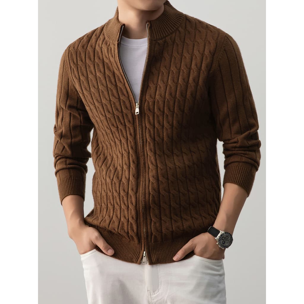 Torção grossa com lã de malha Cardigan masculino jaqueta espessada versão coreana gola alta zíper camisola masculina Cas
