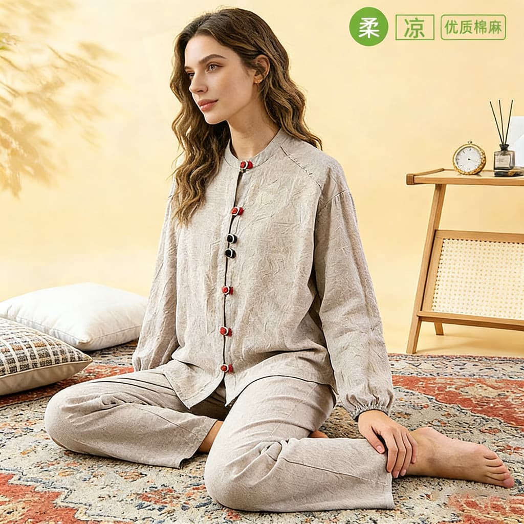 Pijama de linho de algodão transfronteiriço feminino 2026 novo estilo estilo chinês gola alta Cardigan solto estilo fino
