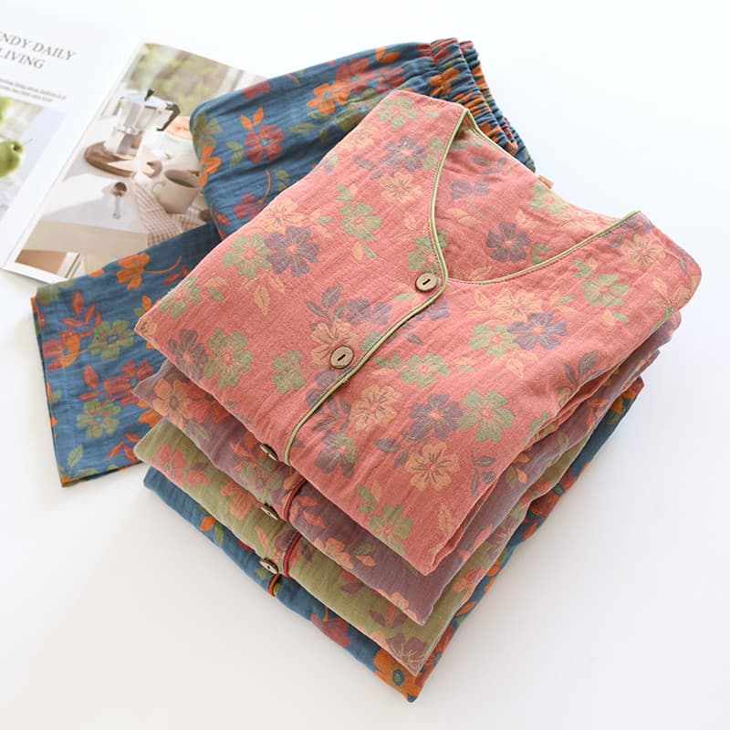 Senhoras fio-tingido Jacquard pijamas de algodão puro com almofadas no peito solto Casual pode sair para usar algodão pr