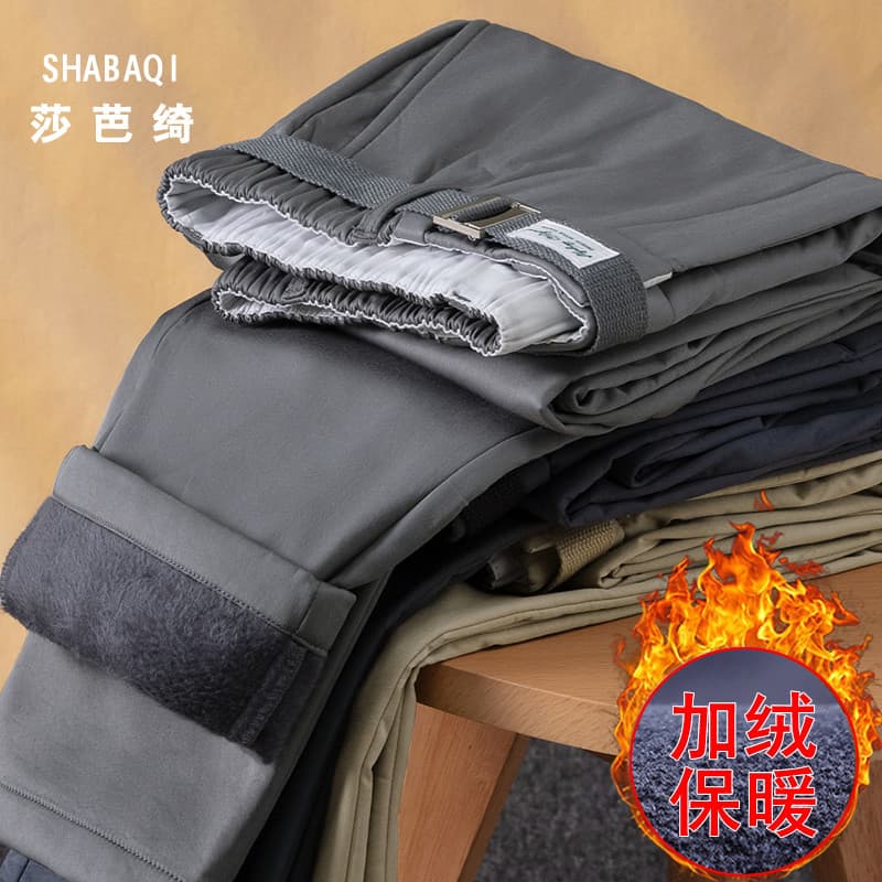 Sabaqi calças masculinas de inverno de meia-idade juventude cinza calças forro de lã engrossado simples calças casuais c