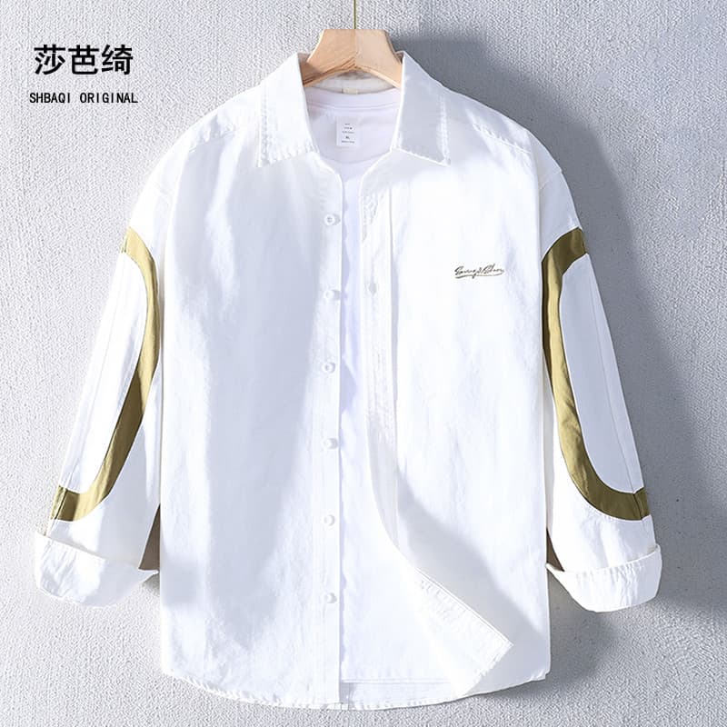Primavera outono masculino americano Workwear camisa Casual de manga comprida moda tendência solta cor-bloqueio puro alg