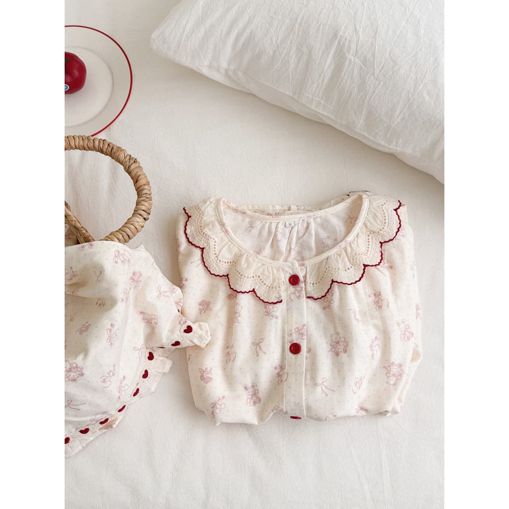 Arco Coração Amor|Pijama de gaze de algodão puro feminino verão manga curta coreano bonito dupla camada gaze verão Homew