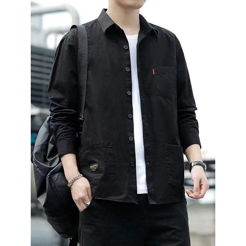Camisa masculina de manga comprida de algodão puro primavera outono 2025 novo estilo Street Wear fino-ajuste rufião boni