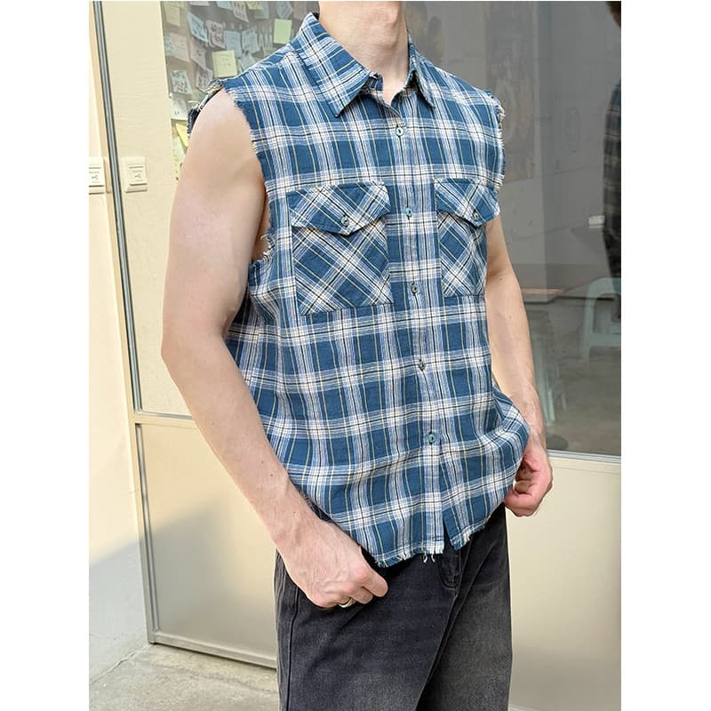 Americano Retro escovado cor-bloqueando camisa xadrez colete masculino verão colete muscular cleanfit sem mangas colete