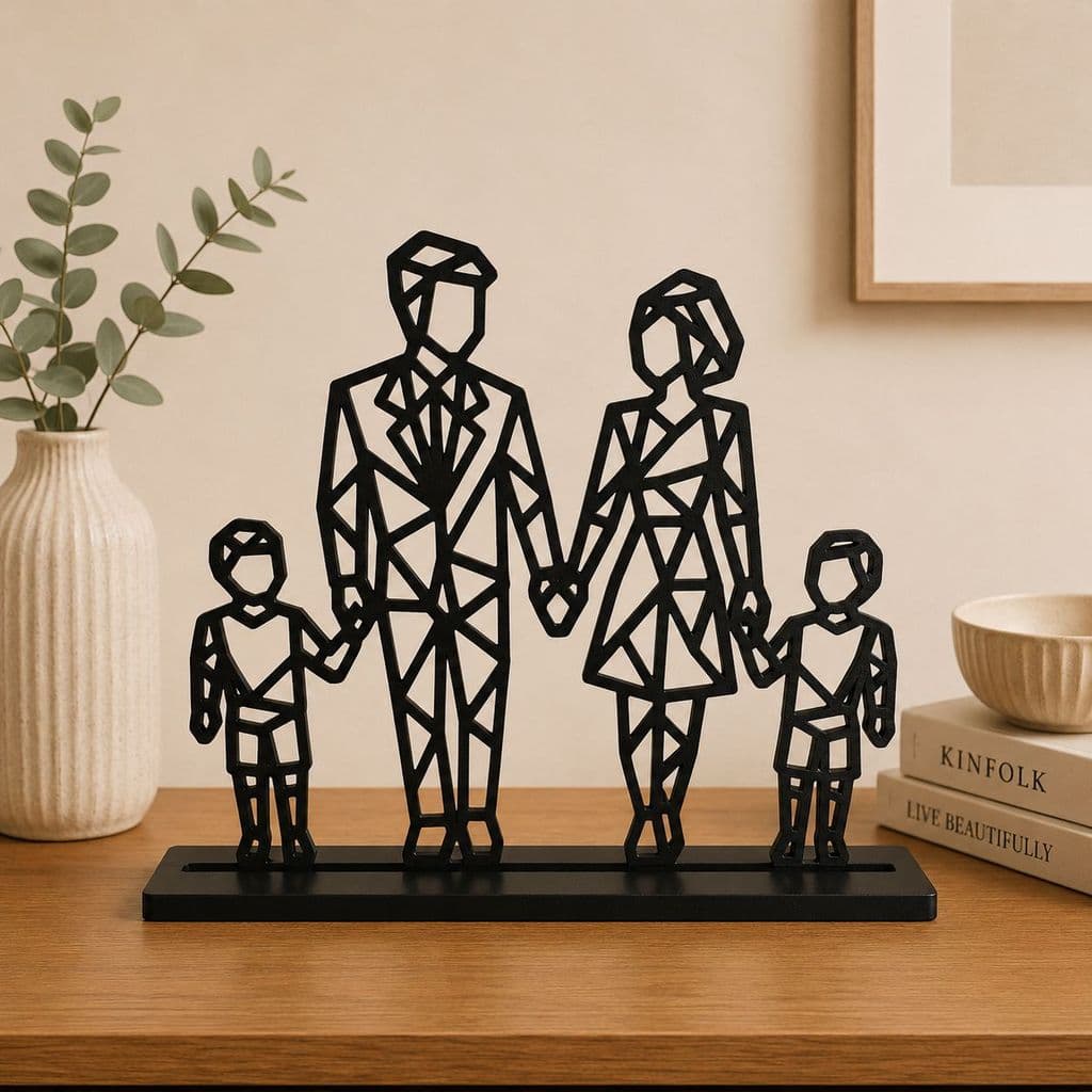 Escultura Família Geométrica  Preto Com Base Decoração Moderna Pai Mãe Filhos Estilo Minimalista